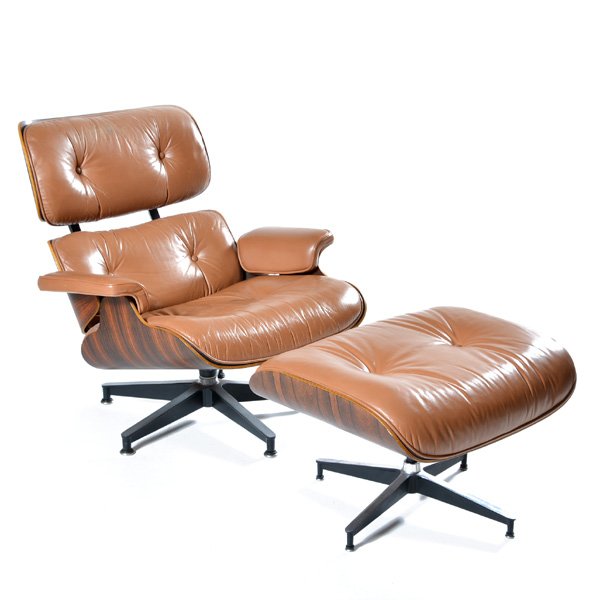 Charles and Ray Eames, Lounge Chair and Ottoman: Charles and Ray Eames, Lounge Chair and Ottoman, brazilian rosewood, light brown leather, enameled aluminum, enameled steel and rubber, by Herman Miller (model no. 670-671), Zeeland, MI, signed with a