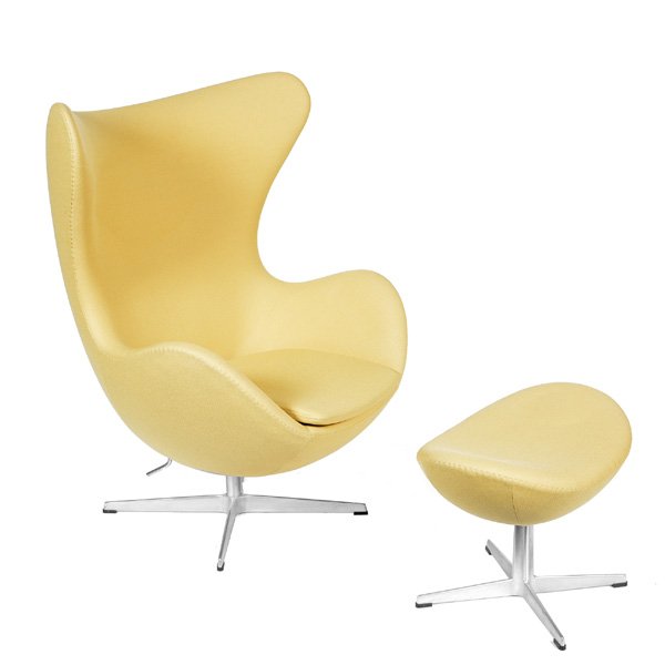 Arne Jacobsen Egg Chair & Ottoman, Model 3316 & 3317: Arne Jacobsen Egg Chair & Ottoman, Model 3316 & 3317, timeless contemporary design in aluminum, satin polished welded steel tube and buff yellow color upholstery. The chair has an adjustable tilt whic