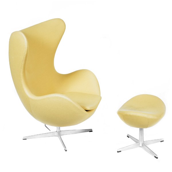 Arne Jacobsen Egg Chair & Ottoman, Model 3316 & 3317: Arne Jacobsen Egg Chair & Ottoman, Model 3316 & 3317, timeless contemporary design in aluminum, satin polished welded steel tube and buff yellow color upholstery. The chair has an adjustable tilt whic
