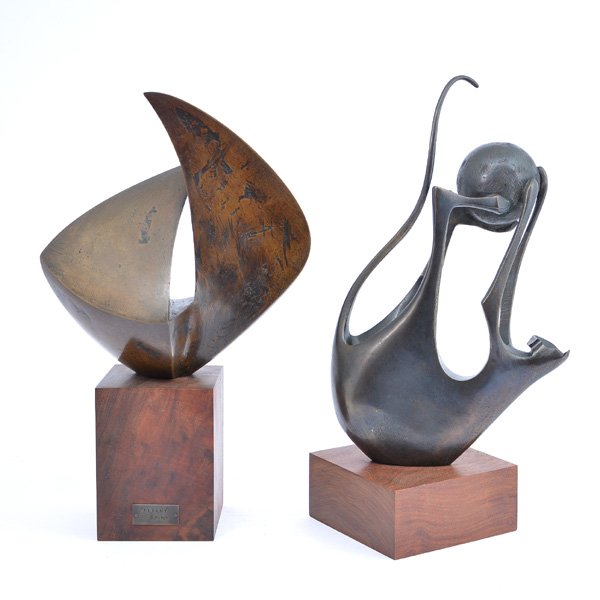Two Modern Bronzes by Douglas Purdy: Two Modern Bronzes by Douglas Purdy, both signed in pencil at bottom of wood plinths, (1) a playful cat and ball, (2) "Flight" a titled sculpture with title plaque and artist's name on face of plinth.