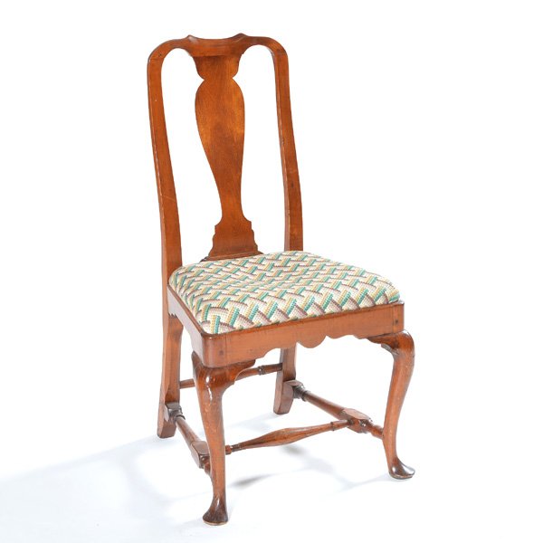 Queen Anne Side Chair, 18th C: Queen Anne Side Chair, 18th C, maple, spooned crest-rail above chamfered splat, upholstered needlepoint straight slip seat with cabriole legs and pad feet, 39" h x 20" w x 16 1/2" d, good condition.