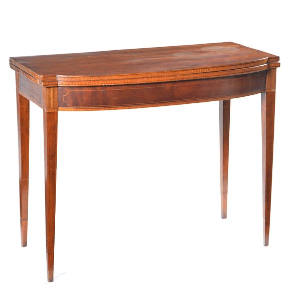 Federal Flip Top Game's Table, 19th C: Federal Flip Top Game's Table, 19th C, mahogany, with satinwood banding and striping, bowed front with squared corners above squared tapered legs, 29 "h x 36" w x 17 1/2"d, 35" open, wear to finish.