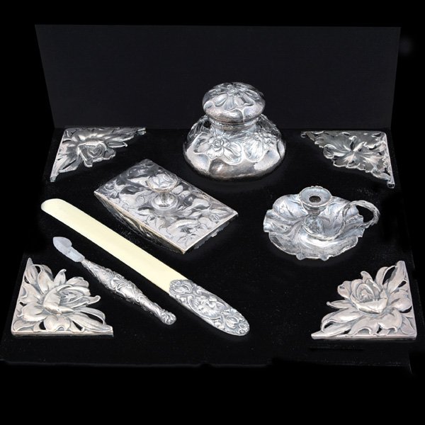 Spaulding Gorham Sterling Six Piece Desk Set: Spaulding Gorham Sterling Six Piece Desk Set to include: ink well, letter opener with ivory blade, small candle holder, blotter, knife and (4) corners for desk blotter, art nouveau style, foliate repo