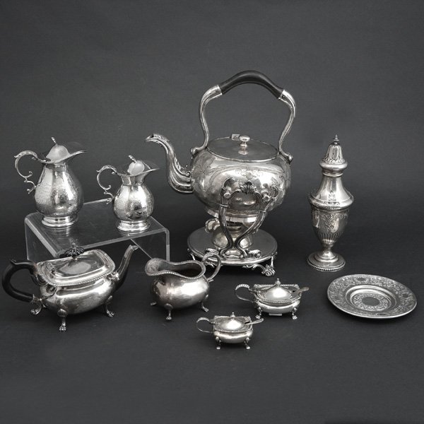 Lot of Assorted Silverplate: Lot of Assorted Silverplate to include: water kettle with stand, milk and cream covered pitchers, tea pot with matching creamer, sugar caster, small plate, and salt and pepper caddies with blue liners