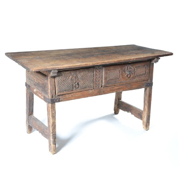 Early English Two Drawer Work Table: Early English Two Drawer Work Table, assembled from 16th, 17th and 18th century components, 30 1/2"h x 56"l x 26"w.