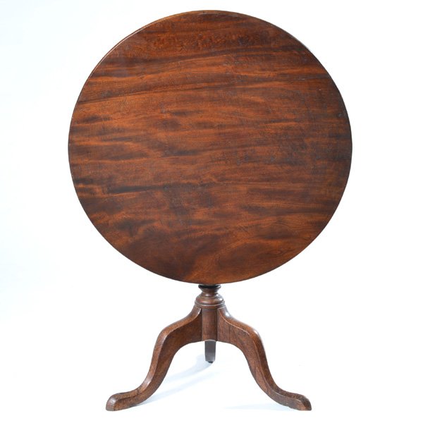 English Tilt Top Tea Table, 19th C: English Tilt Top Tea Table, 19th C, mahogany, on turned column and tripod base, 28 1/4" h x 31 3/4" d, good condition.