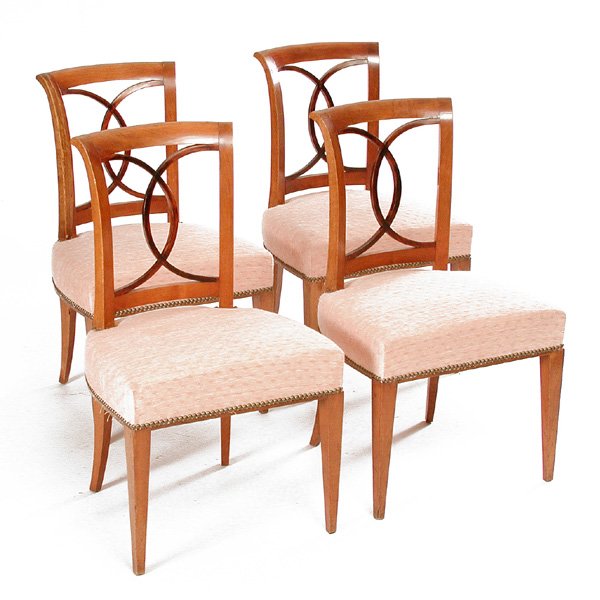 4 Biedermeier Sidechairs: Set of 4 Biedermeier fruitwood side chairs with ebonized overlapping central splats with salmon button upholstery on tapering legs, 33 1/2"h x 19"w x 17 1/2"d, good condition.