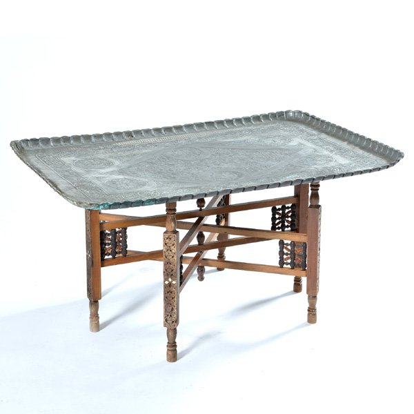 Persian Tray with Stand: Persian Tray with Stand, copper body in silverplate, figural and foliate decoration, above a collapsible six-legged carved wood and inlay base, marked "A. Chalhour" on underside center of tray, 19 1/4