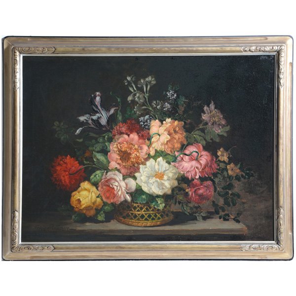 Friedr.(Friedrich) Petersen, 19th C, Painting: Friedr.(Friedrich) Petersen, 19th C, Painting, oil on canvas, Floral Still Life, signed lower right "Friedr. Petersen", 24" x 32 1/2", very good condition.