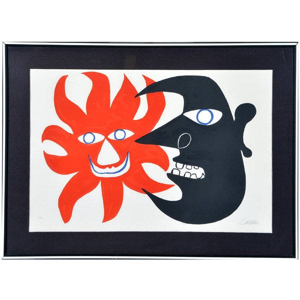 Alexander Calder (1898-1976), Lithograph, "Two Heads": Alexander Calder (1898-1976), "Two Heads", lithograph printed in colors, red orange sun and black moon, numbered and signed in pencil, 63/90, "Calder". Gallery label verso, purchased at Kerwin Galleri