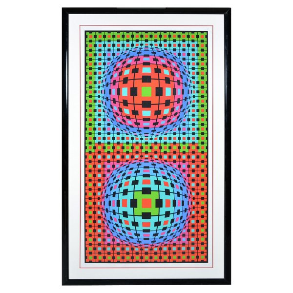 Victor Vasarely (French 1908-1997), Serigraph: Victor Vasarely (French/Hungarian 1908-1997), Serigraph, titled "Ionau", double globes of colorful geometric optical shapes, signed and numbered in pencil lower left, Vasarely 64/300, with gloss black