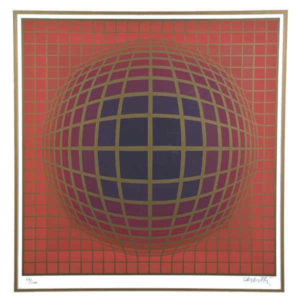 Victor Vasarely (French 1908-1997), Serigraph: Victor Vasarely (French/Hungarian 1908-1997), Serigraph, untitled, depicting a geometric single globe in colors of brown, gold and orange, signed in pencil lower right, Vasarely, and numbered in penci
