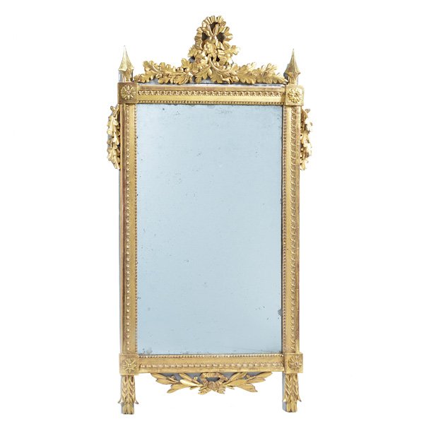 Italian Giltwood Mirror: Italian Giltwood Mirror, foliate and ribbon decoration, and spear shape finials at sides, 58" h x 30 1/2" w 2"d, good original condition.