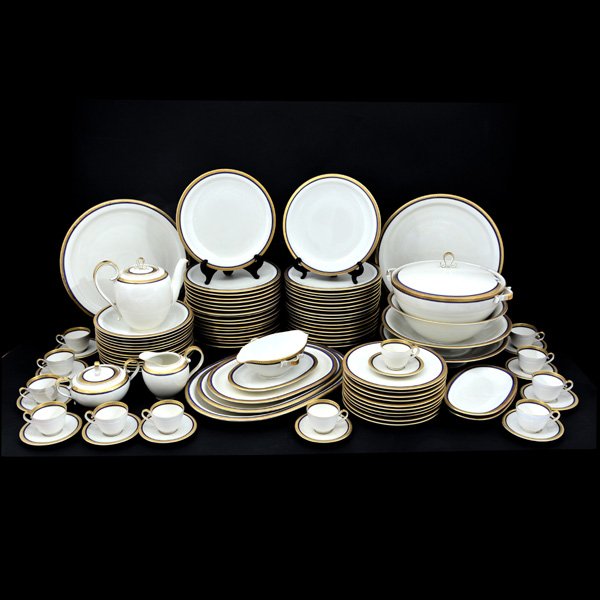 Large Lot of Bavarian China Dinner Service: Large Lot of Bavarian China Dinner Service, gold and cobalt blue rimmed design on ivory ground, set to include: (36) dinner plates, (10) salad, (12) shallow bowls, (4) oval platters, (2) large shallow