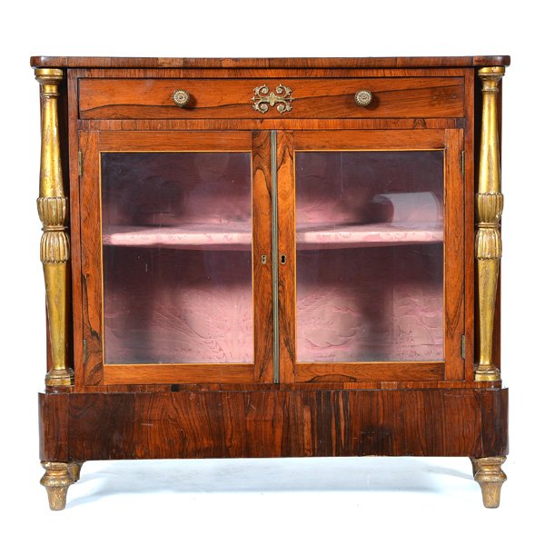 French Rosewood Vitrine, 19th C: French Vitrine, 19th C, rosewood, a single drawer with ormolu mount decoration, atop glazed cabinet doors revealing damask fabric wrapped interior, giltwood column sides and turned legs, 33 1/2' h x 3