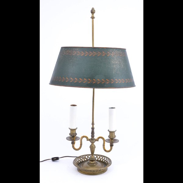 French Gilt Bronze Two Candle Bouillotte Lamp, Early: French Gilt Bronze Two Candle Bouillotte Lamp, Early 19th C, with original adjustable tole shade, electrified, 28 " top of finial x 9" w x 6 1/2" d, good original untouched condition.