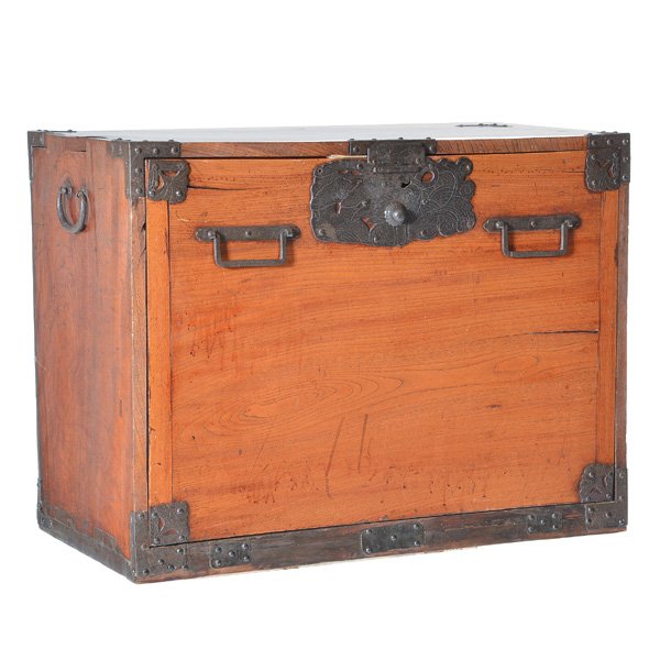 Japanese Funa Tansu, 19th C: Japanese Funa Tansu, 19th C, keyaki wood, ship chest with keyed lock and removable front panel, to reveal three drawers, with decorative metal accents, and pull handles, all resting on a removable cas