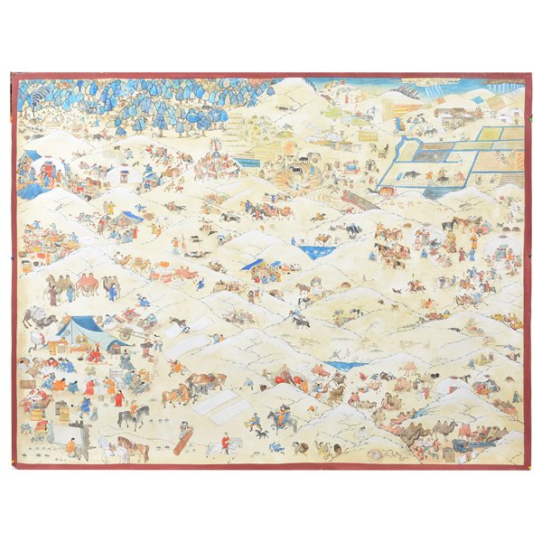 Large Chinese Painting: Large Chinese Painting, titled "Mongolia Life in a Day" pen/ink and watercolor depicting daily Mongolian life, calligraphy translation on back side, Mongolia Life in a Day, Capitol of Mongolia, dated 