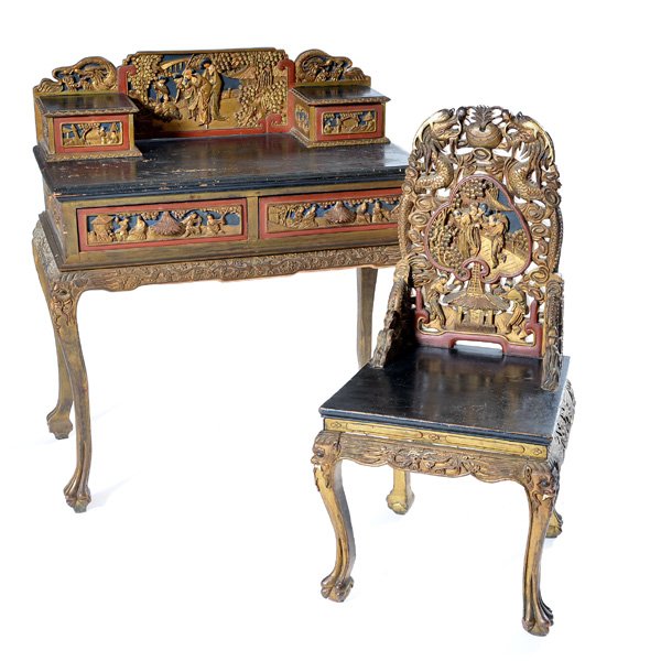 Chinese Desk with Matching Chair: Chinese Desk with Matching Chair, painted finish, heavily carved with figural, foliate and dragon decoration, with two small drawers and openwork backsplash, above two drawers, supported on carved dra