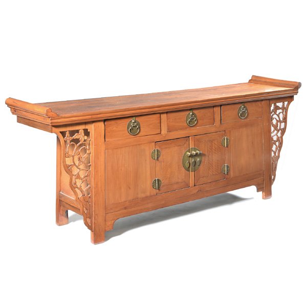 Chinese Altar Cabinet, Late Qing/Republic Period: Chinese Altar Cabinet, Late Qing/Republic Period, mixed hardwoods, well-figured three-board top set into mitered, mortise and tenon frame with up-turned ends, over foliate openwork spandrels flanking 