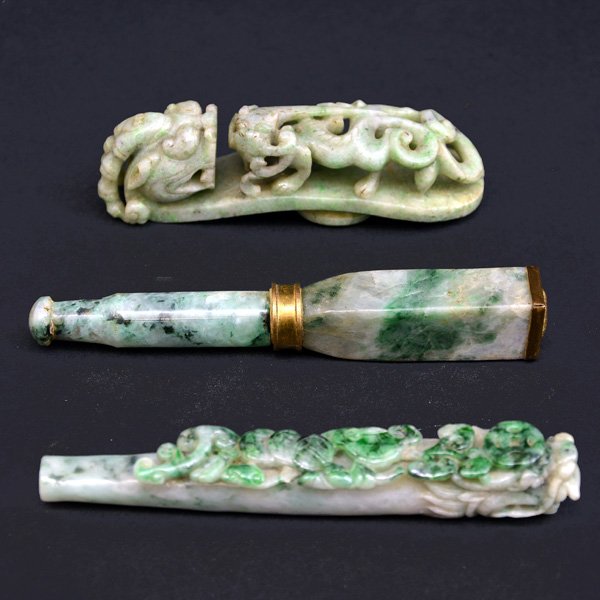 Set of Three Hard Stone Carvings: Set of Three Hard Stone Carvings, two pipes and one buckle, with carved dragon design on buckle, 5 3/4" l x 3/4" w (longest pipe).