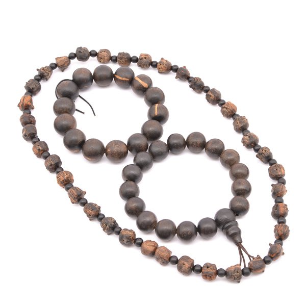 Chinese Necklace and Two Bracelets: Chinese Necklace and Two Bracelets, cheng xiang wood, rounds beads for the bracelets, and small smiling head beads for the necklace, 10 1/2 "l ( necklace)