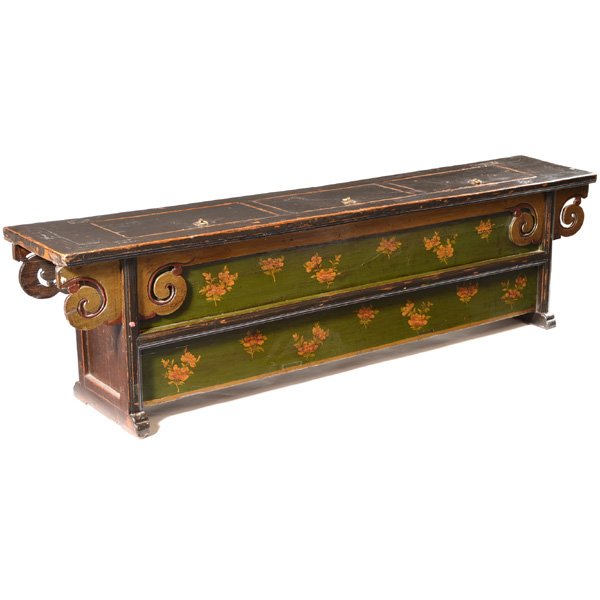 Chinese Painted Bench, Late 19th C: Chinese Painted Bench, Late 19th C, Mongolian, poplar, foliate painted decoration on front, with three lift top drawers on top, and scroll openwork spandrels, 23" h x 82" w x 16" d.