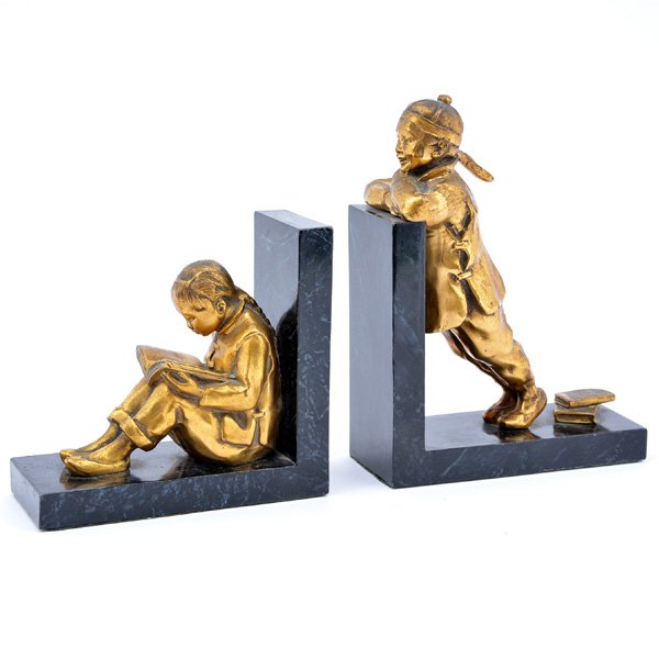 Chinese Children Bookends: Chinese Figure Bookends, gold painted metal Chinese children, one seated reading , the other looking out, on painted marbleized metal bases, 8 3/4" h x 6 1/4" w x 2 3/4" d, good condition.