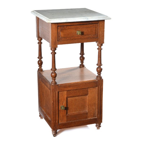 Marble Top Oak Nightstand: Marble Top Oak Nightstand, single drawer above open shelf with turned legs supports and single door cabinet below, 32 1/2" h x 17" w x 17" d, original finish, good condition with minor chips to marble