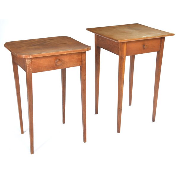 American Cherry Saber Leg Work Tables, 19th C: 19th C American cherry saber leg work tables, both have single drawers, one has cut corner top the other has a rectangular top, 27 1/2" h x 19" w x 17 1/4" d (cut corner top table), good condition.