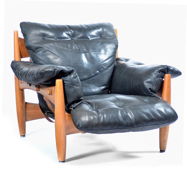 Sergio Rodriguez, Sheriff Chair: Sheriff Chair, original leather straps mounted on a wood frame support, original black leather cushions, designed by Sergio Rodriguez, Brazil c1957, original metal label "Sheriff, produced by ISA Ital
