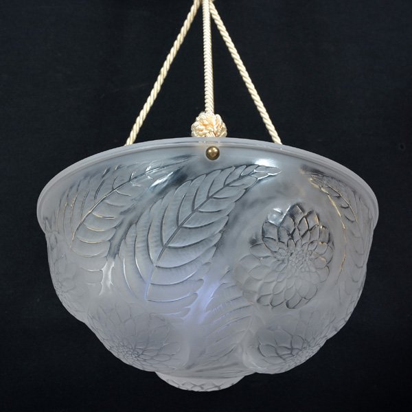 Lalique "Dahlia" Chandelier: Lalique "Dahlia" chandelier, inverted bowl of moulded opalescent glass, model introduced 1921, moulded signature " Lalique France" on rim, 12" dia, x 6 " deep, very good condition.