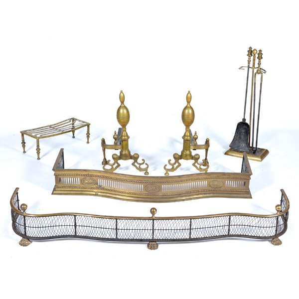 Lot of Brass Fireplace Pieces, 19th C: Lot of Brass Fireplace Pieces to include: lemon drop shape andirons, (2) fenders, footed trivet, and tools with stand, 37" h x 11" w x 8" d, good original untouched condition.
