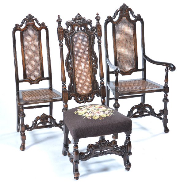 Set of 3 Carved Wood Chairs: Set of 3 Carved Wood Chairs, arm and side chair matching with cane backs and upholstered seats and a single Jacobean chair with cane back and needlepoint seat, 50" h x 20" w x 17 1/2" d, good conditio