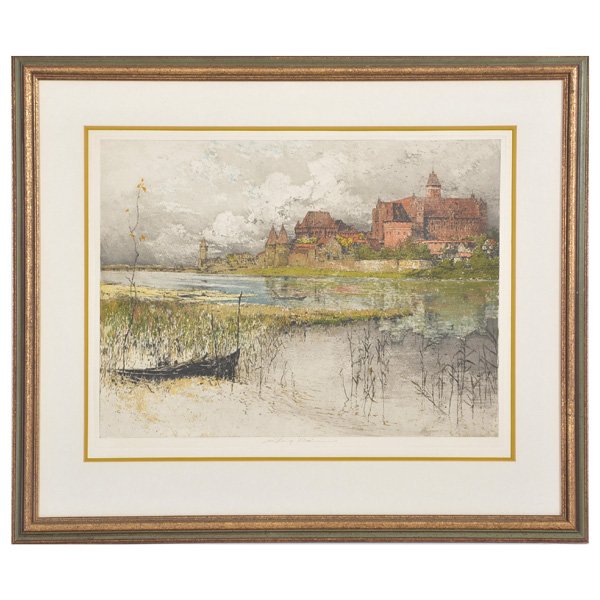 Luigi Kasimir, Etching, Marienburg Castle: Luigi Kasimir, etching, Marienburg Castle, creekside with castle beyond, estate signed center margin "Luigi Kasimir", nicely framed and matted, 19" x 24" (viewed), good condition.