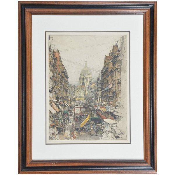 Luigi Kasimir, Etching, Fleet Street, London: Luigi Kasimir, etching, Fleet Street, London, signed center margin "Luigi Kasimir", nicely framed and matted, 22" x 16" (viewed), good condition.