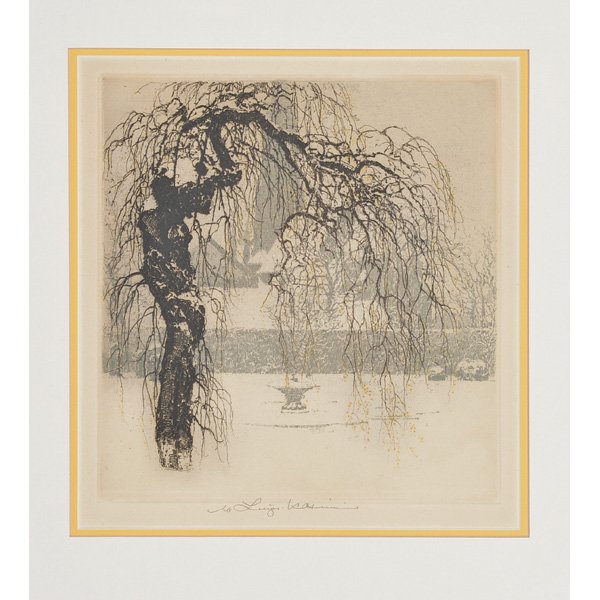 Luigi Kasimir, Etching, Heitzing: Luigi Kasimir, etching, Heitzing, winter scene with tree and fountain, estate signed center margin "Luigi Kasimir", nicely framed and matted, 10 3/4" x 10 1/2" (viewed), good condition.
