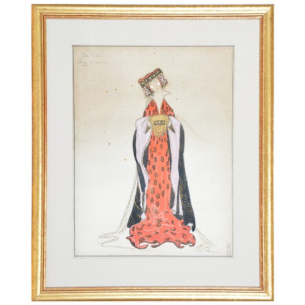 Costume Rendering, "Lady Couch": Costume Rendering, "Lady Couch" (Richard III 1377-1399), watercolor and pencil, period costume design, signed and dated with monogram lower right, 1919, watermark L. Berville France, nicely framed and