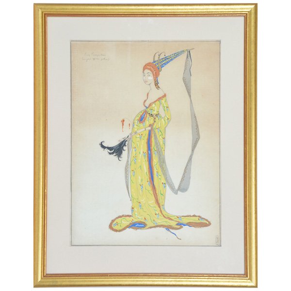 Costume Rendering, "Lady Pussywilliow": Costume Rendering, "Lady Pussywilliow" (english XV century), watercolor and pencil, period costume design, signed and dated with monogram lower right, 1919, watermark L. Berville France, nicely framed