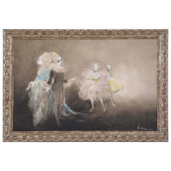 Continental School Painting, Ballet Dancers: Continental school painting, Ballet Dancers, oil on canvas, grouping of costumed dancers, indistinguishable signature lower right, framed, 22 1/2" x 32", good condition.