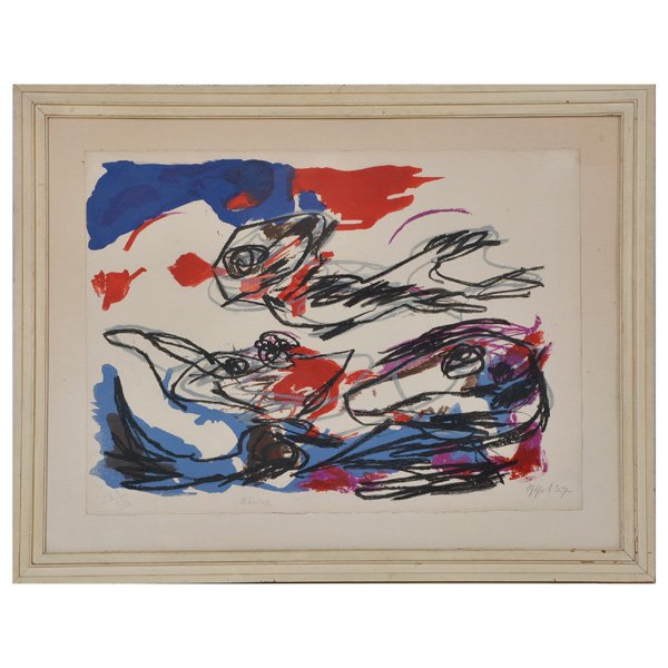 Karel Appel, Screen Print, "Cheval": Karel Appel (Dutch 1921-2006), screen print, "Cheval", abstract design in colors of red, blue, grey and black, numbered 42/50, signed and dated lower right "Appel 57", titled center margin "Cheval", f