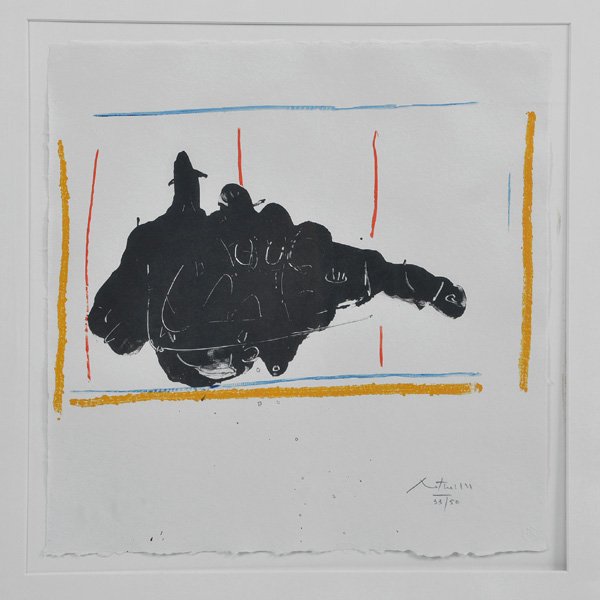 Robert Motherwell, "On Stage" Color Lithograph: Robert Motherwell (American 1915-1991), "On Stage", color lithograph, year of work 1983, pencil signed and numbered lower right 33/50, titled, matted and framed, 15" x 15" (image), 22 1/2" x 22" (over
