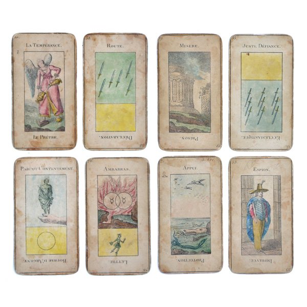 Set of 8 French Tarot Cards, 20th C: Set of 8 French tarot cards, double-ended French titles, (4) cards each mounted on paper, 10 1/4" x 6 1/4", good condition, wear typical to use and age.