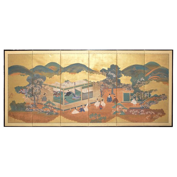 Japanese Six Panel Screen, Tosa School, 19th C: 19th C Japanese six panel screen, Tosa School, gold leaf and powder painting on rice paper, label verso " Genji love story design with Prince Genji and Lady Murasaki enjoying view, Tempo period, 100 y