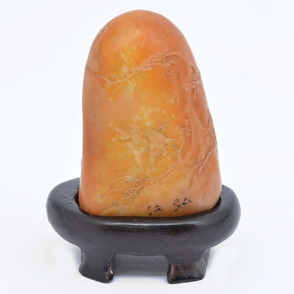 Natural Soapstone Boulder Seal: Natural Soapstone Boulder Seal, golden tone natural stone carved with a landscape scenery, fitted with wood stand, 3.9" h.