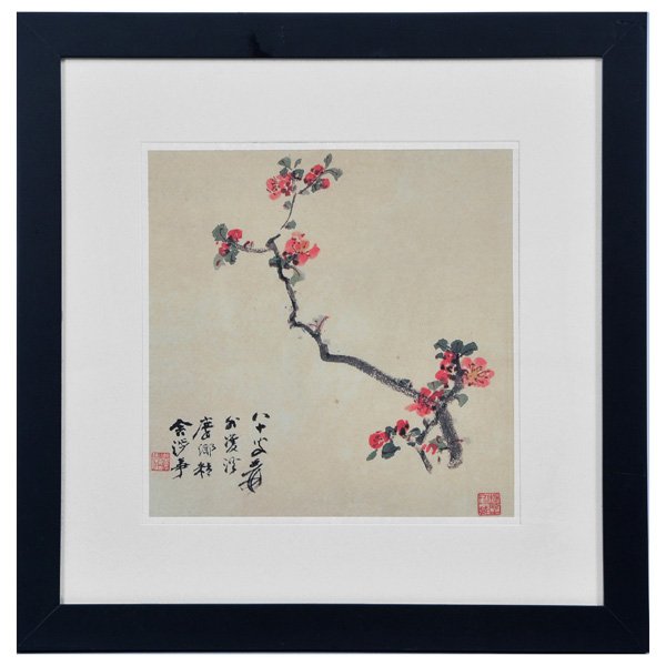 Chinese Framed Lithpgraph 'Plum Flowers', Zhang Daqian: Chinese Framed Lithograph 'Plum Flowers', Zhang Daqian, ink and color lithography, inscribed and signed with two seals of the artist, 11" x 10.8".