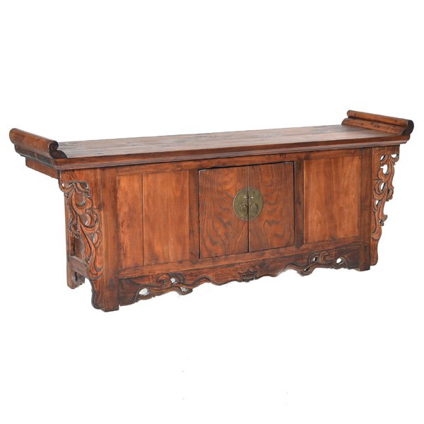 Chinese Altar Table, Early 19th C: Chinese Altar Table, Early 19th C, mixed woods, cabinet base with original hardware, and decorative foliate carving on sides, through tenon construction, 17" h x 46 1/2" w x 12 1/2" d.