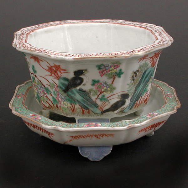 Chinese Planter with Underplate: Chinese Planter with Underplate, the hexagonal planter with floral and bird motif and cloudlike legs matched with an underplate of similar design and identical legs, 5"h x 7 1/2" x 7 1/2" together.