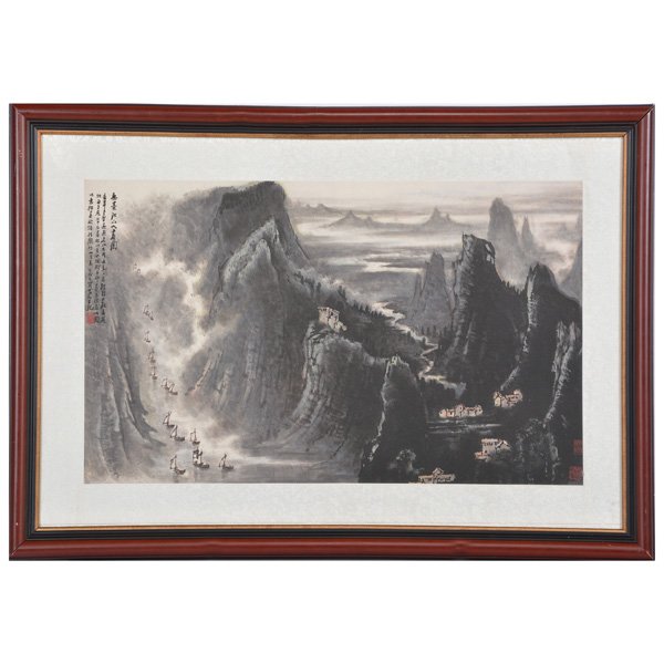 Chinese Painting, Boats and Mountains, signed Li Keran: Chinese Painting, boats and mountains, signed Li Keran, framed, ink and color, dated inscription with two seals, 18" x 31".