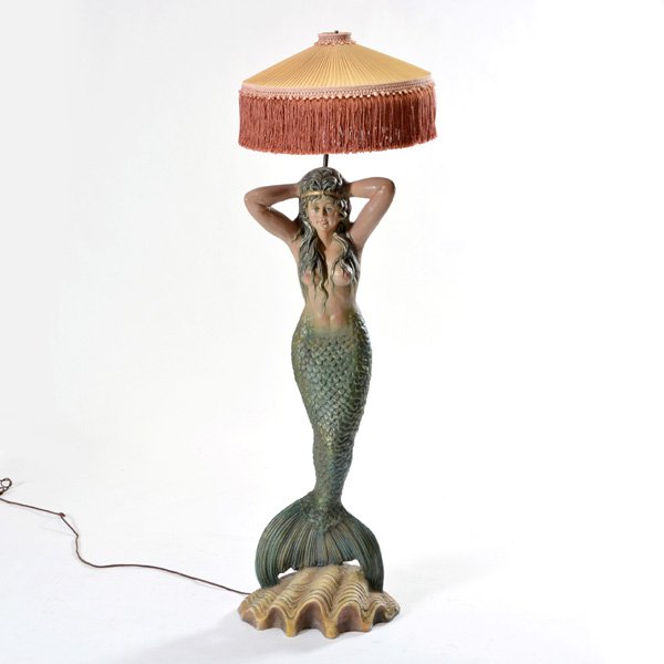Italia Cruise Ship Mermaid Floor Lamp: Composition figural mid-century mermaid lamp from the mid-century cruise ship Italia, with period shade, marked 'Italia' with anchor, and with 'Count de sa...', 60"h (top of finial) x 20"d, 49" h ( to